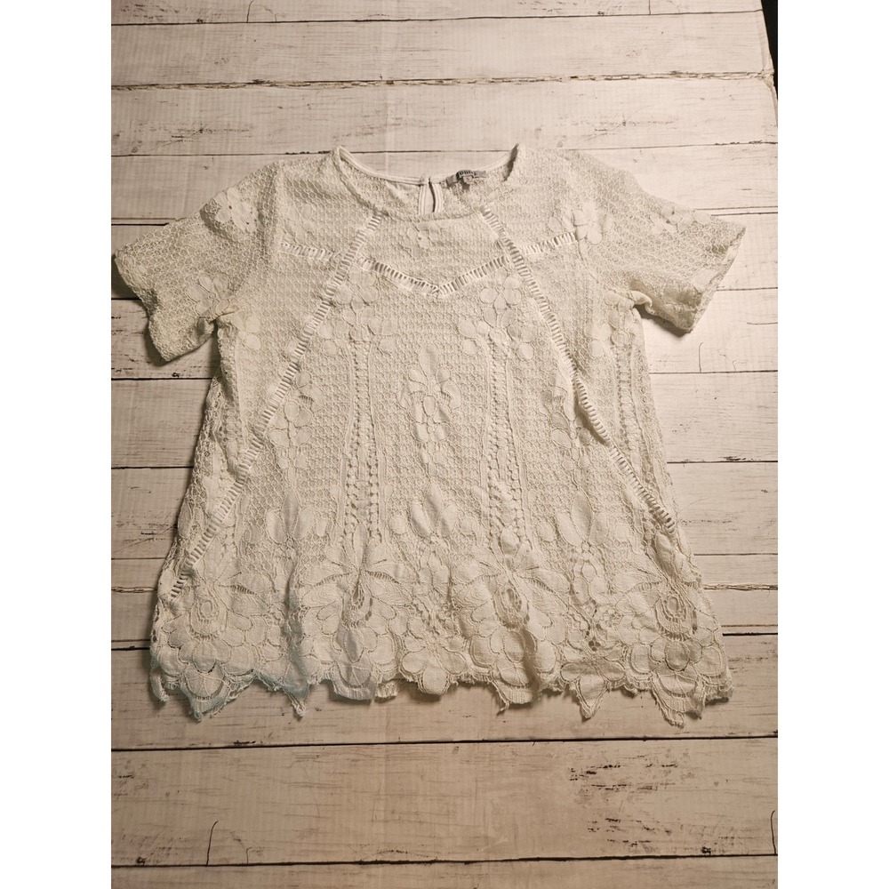 Jodifl White Floral Lace Blouse Womens‎ Small Scalloped Hem Lined Romantic Top